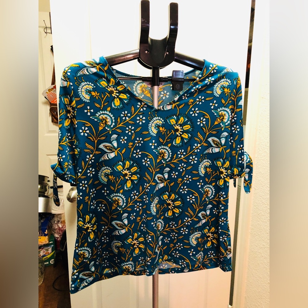 Liz Claiborne Teal Floral Tie-Sleeve Top